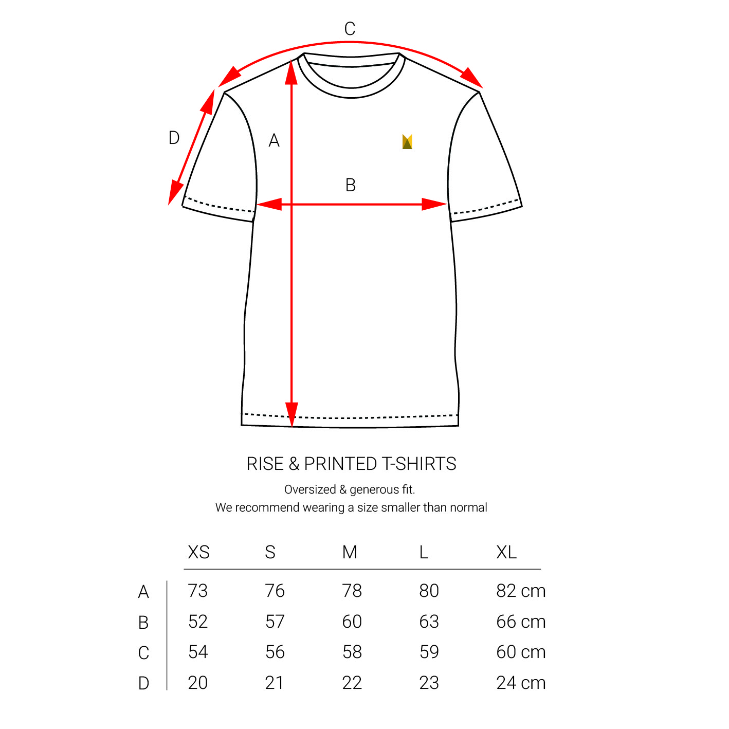 Rise and Print T-shirt Size Guide